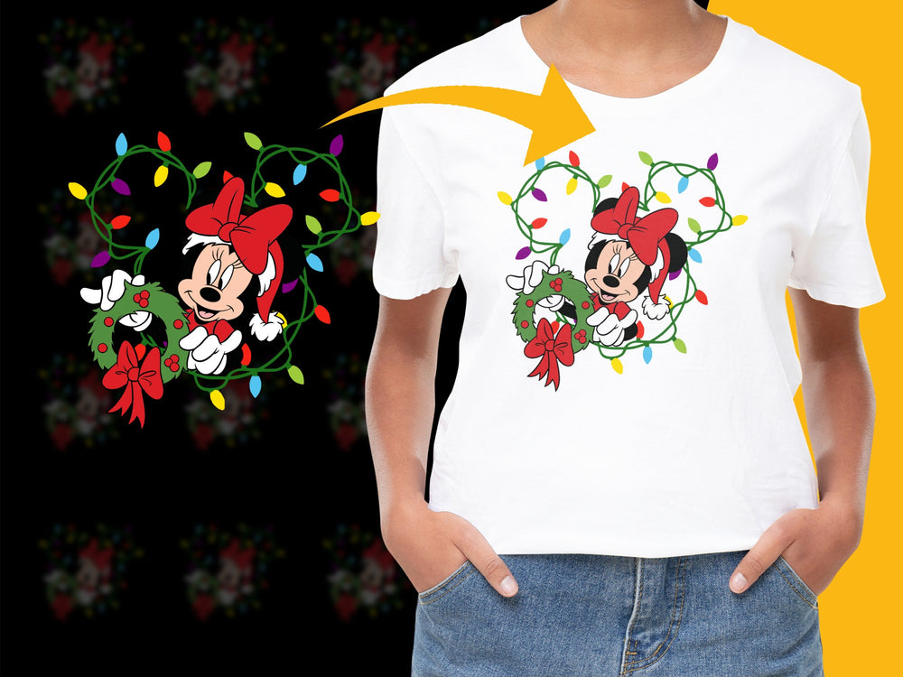 Festive Mickey and Minnie Mouse Christmas Wreath T-Shirt, Disney Holiday Tee, Cute Cartoon Graphic Apparel for All Ages
