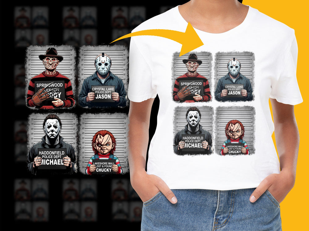 Horror Movie Icon T-Shirt, Classic Villains Graphic Tee, Unisex Cotton Shirt, Halloween Apparel