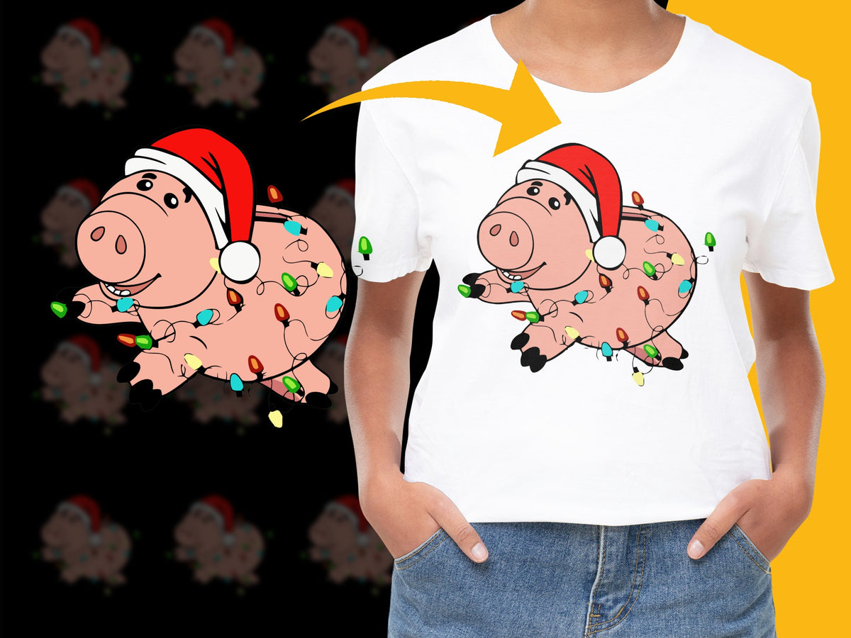 Funny Christmas Pig T-Shirt, Cute Holiday Pig with Lights Graphic Tee, Festive Animal Shirt