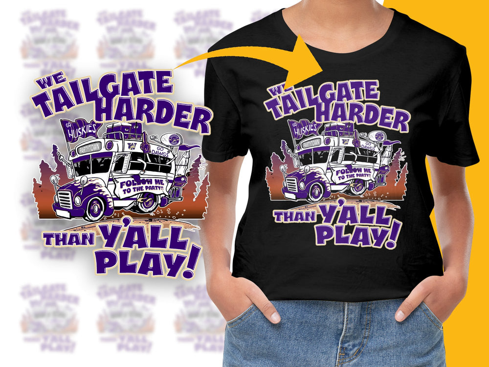Tailgate Harder Than Y'all Play T-Shirt, Vintage Truck Graphic Tee, Huskies Fan Apparel, Purple and Gold Colors