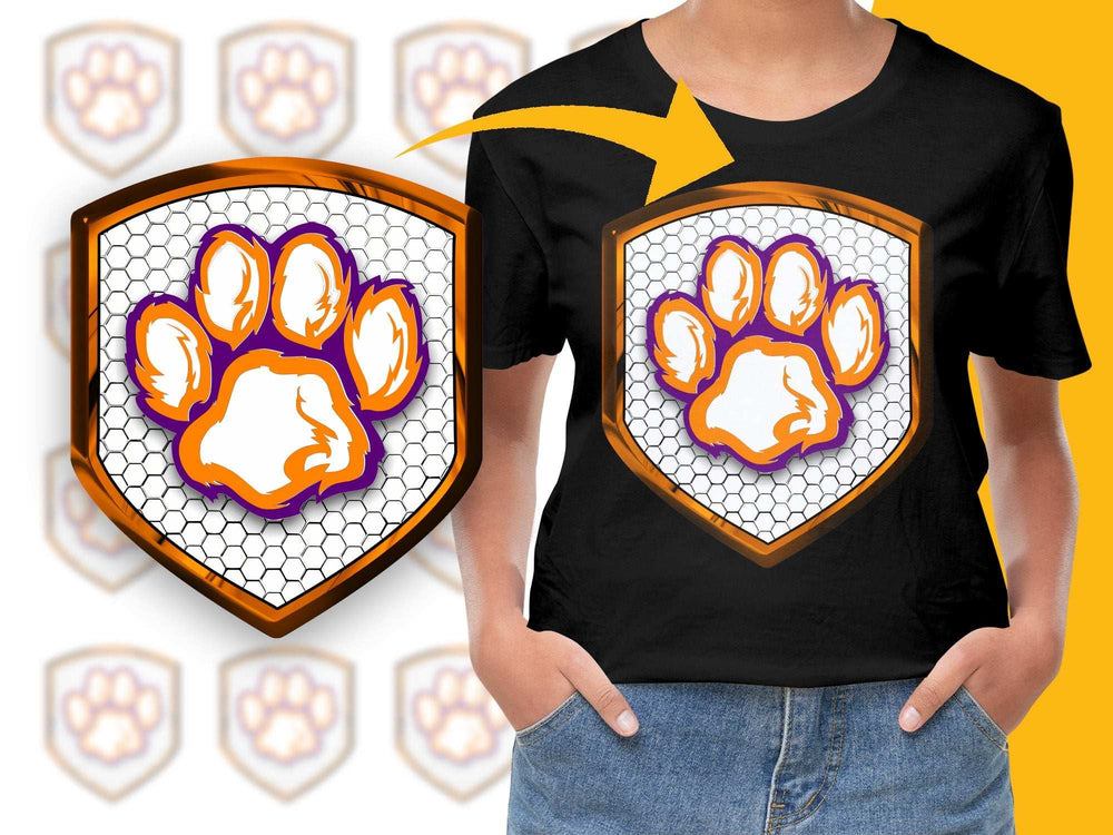 Boys Girls Casual T-Shirt, Orange Paw Print Graphic, Hexagon Honeycomb Design, Kids Fashion Tee