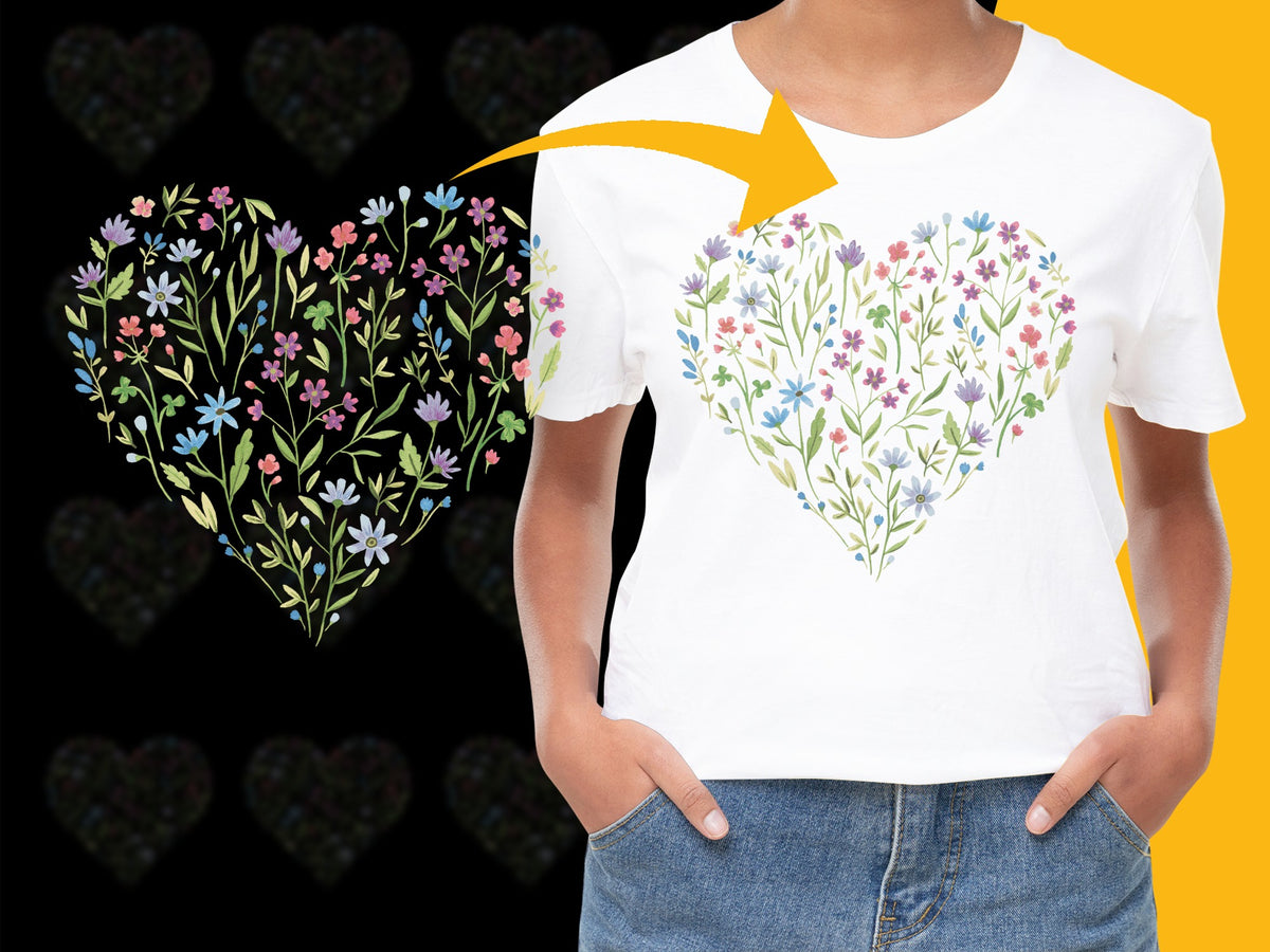 Floral Heart Design T-Shirt, Colorful Flower Print, Women's Fashion Top, Spring Apparel Gift Idea