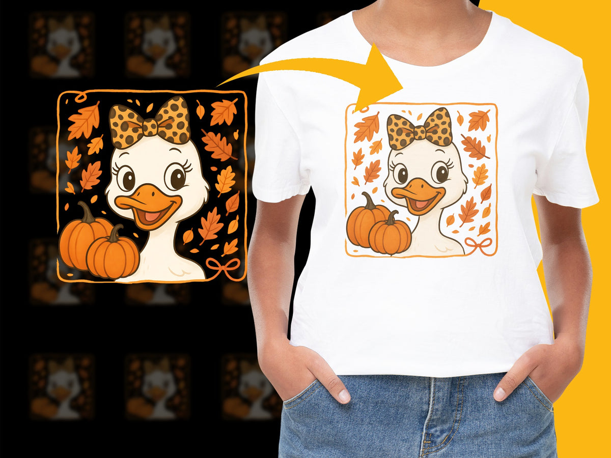 Cute Duck Autumn T-Shirt, Pumpkin and Fall Leaves Graphic Tee, Unisex Kids Fashion, Casual Wear