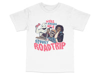 Load image into Gallery viewer, Spooky Roadtrip Graphic T-Shirt, Halloween Themed Tee, Retro Horror Movie Design, Unisex White Shirt