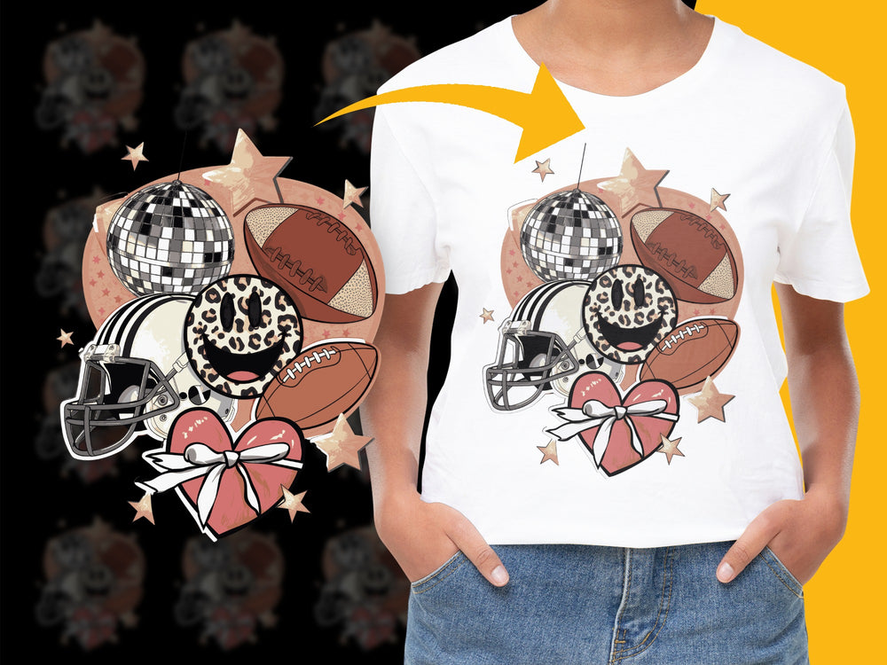Trendy Sports T-Shirt Design with Leopard Print Footballs, Helmets, Stars