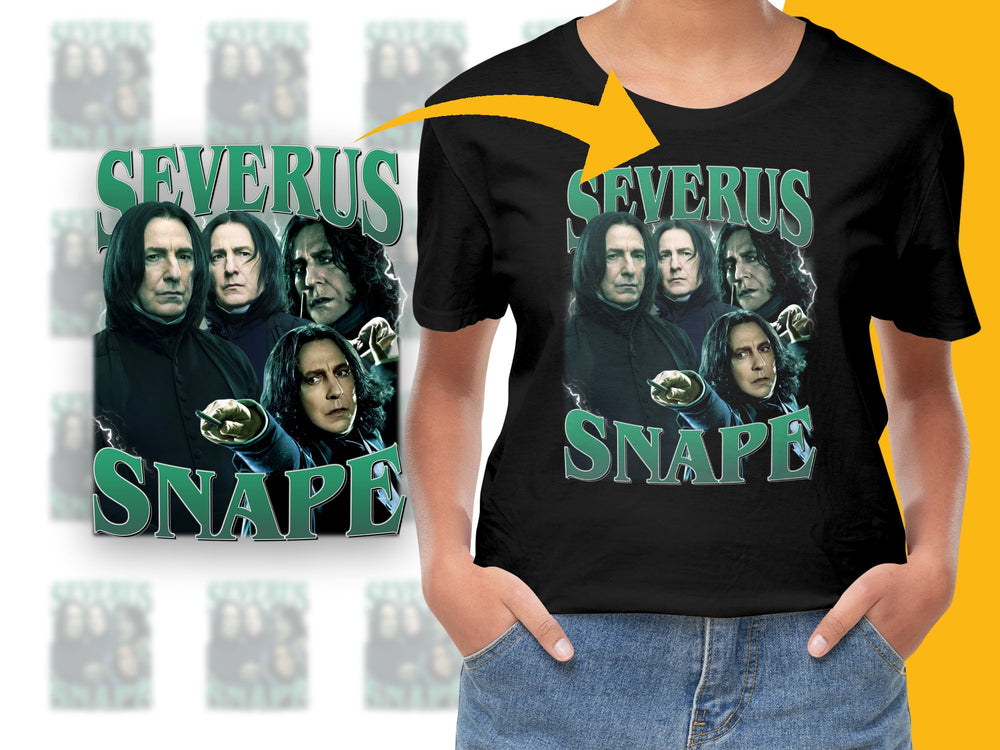 Severus Snape Graphic T-Shirt, Harry Potter Fan Apparel, Unisex Black Cotton Tee with Snape Collage Design
