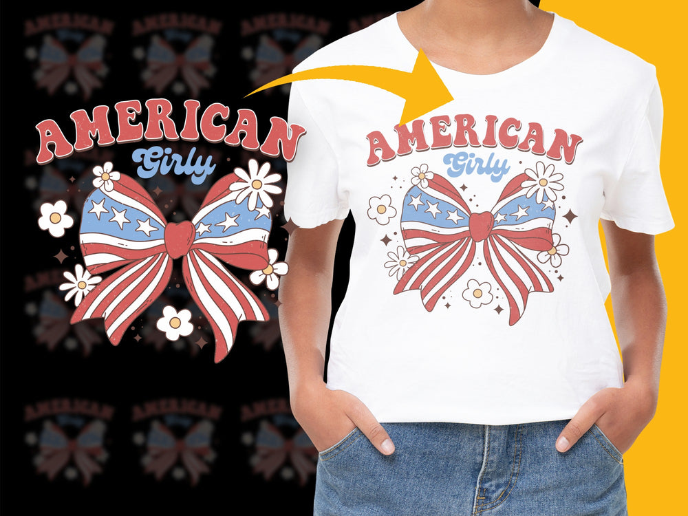 American Girly Patriotic T-Shirt, Red White Blue Stars Stripes, Fourth of July Kids Tee, Festive USA Apparel for Girls, Cute Holiday Outfit