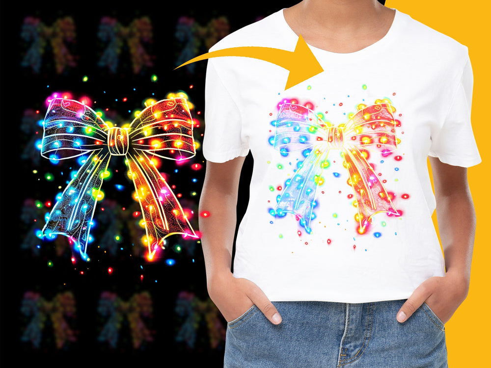 Colorful Neon Bows Graphic T-Shirt, Vibrant Light-Up Bow Design, Casual Fashion, Unisex Top