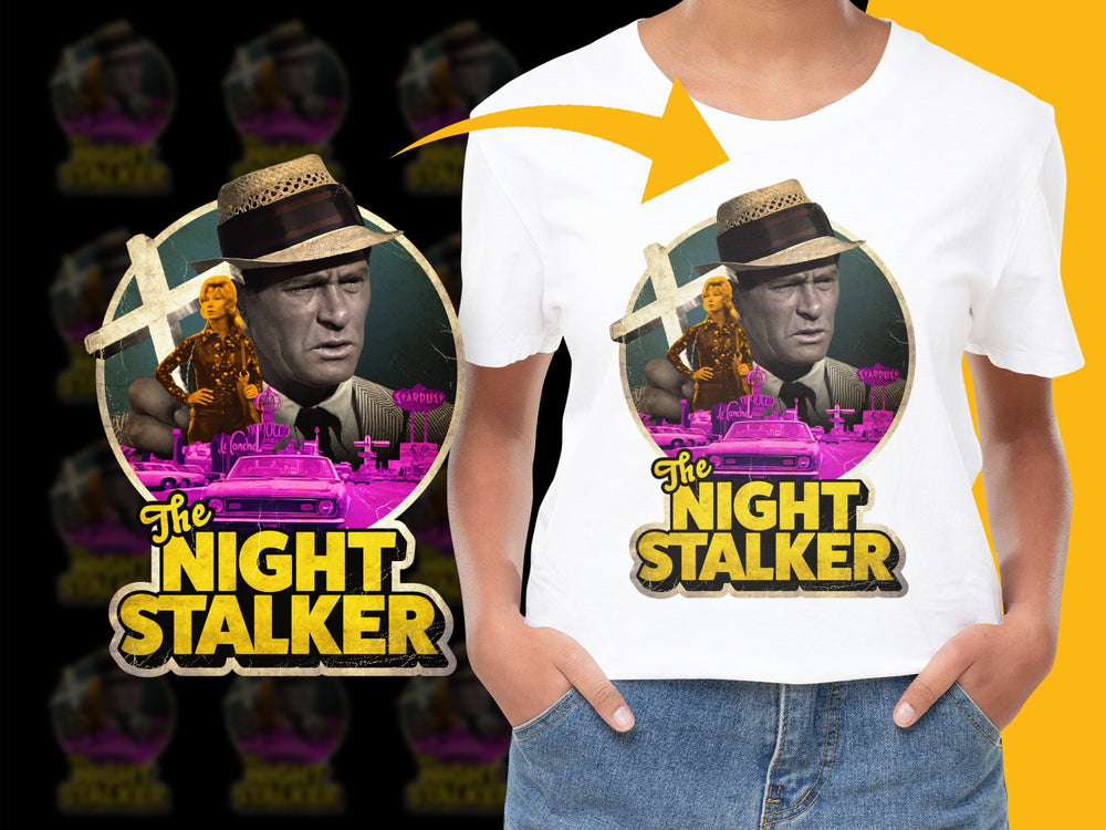 Retro Night Stalker Graphic T-Shirt, Vintage Pink Car and Detective Design, Unique Film Noir Inspired Apparel