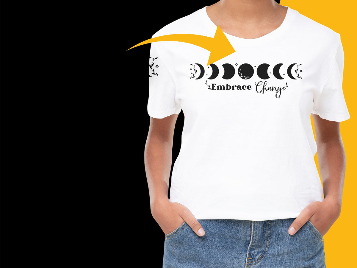 Embrace Change Moon Phases Graphic T-Shirt, Inspirational Quote, Women's White Tee, Stylish Casual Wear, Trendy Shirt Design