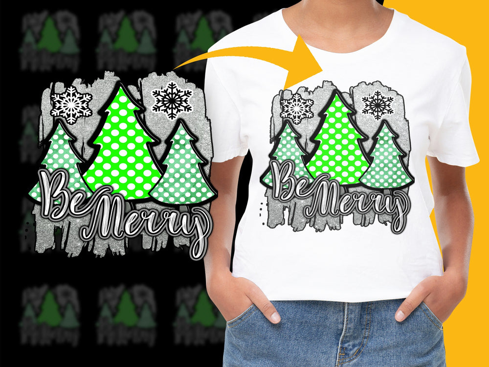 Kids Christmas T-Shirt, Be Merry Polka Dot Trees, Snowflake Holiday Tee, Festive Winter Apparel for Children