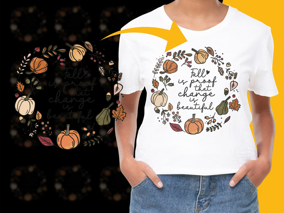 Fall Inspired Graphic T-Shirt, Autumn Pumpkin and Leaves Design, Women's Fashion Top