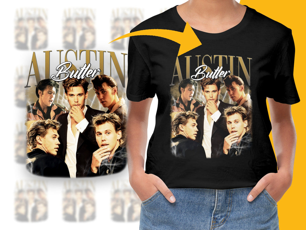 Austin Butler Graphic T-Shirt, Vintage Style Actor Collage, Unisex Black Tee, Casual Fashion Top, Gift for Fans
