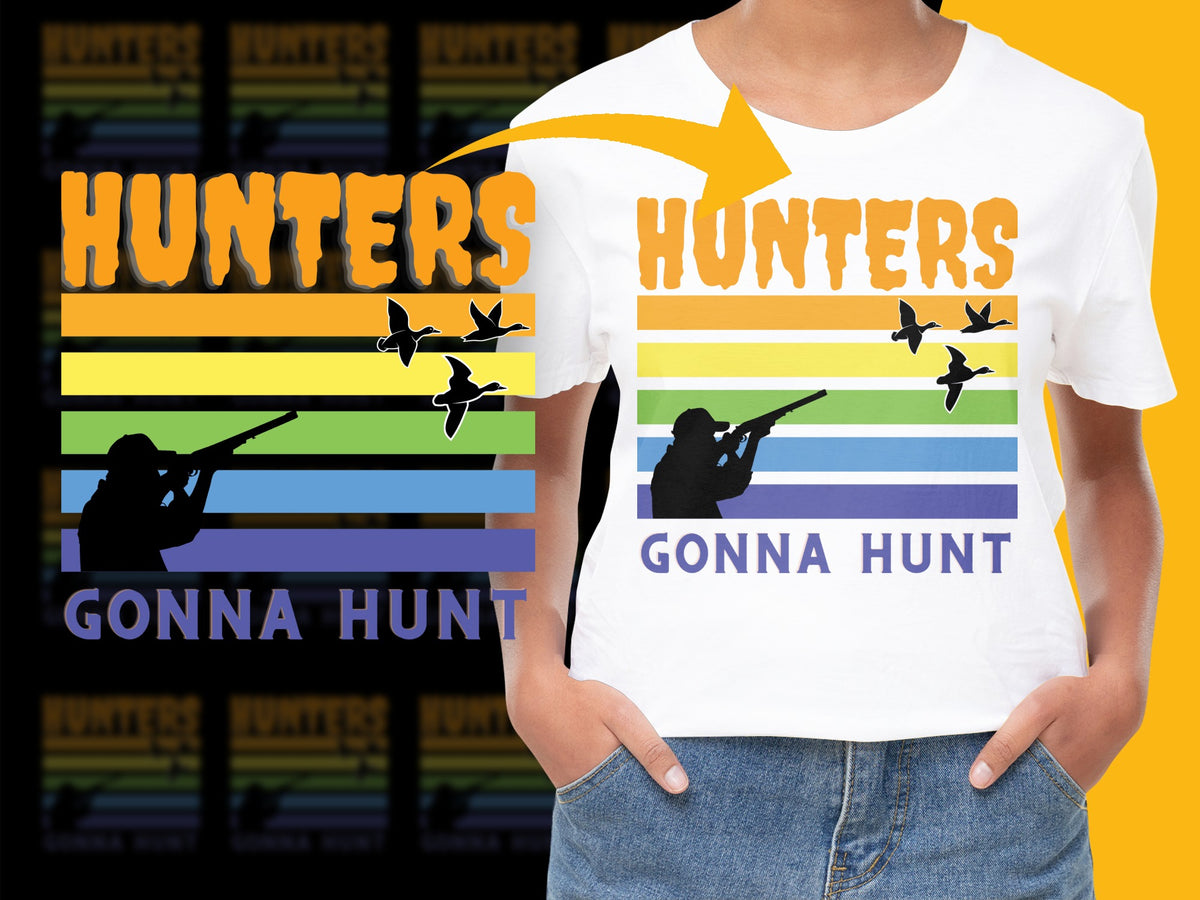 Hunters Gonna Hunt T-Shirt, Duck Hunting Graphic Tee, Colorful Stripes, Outdoor Sports Apparel