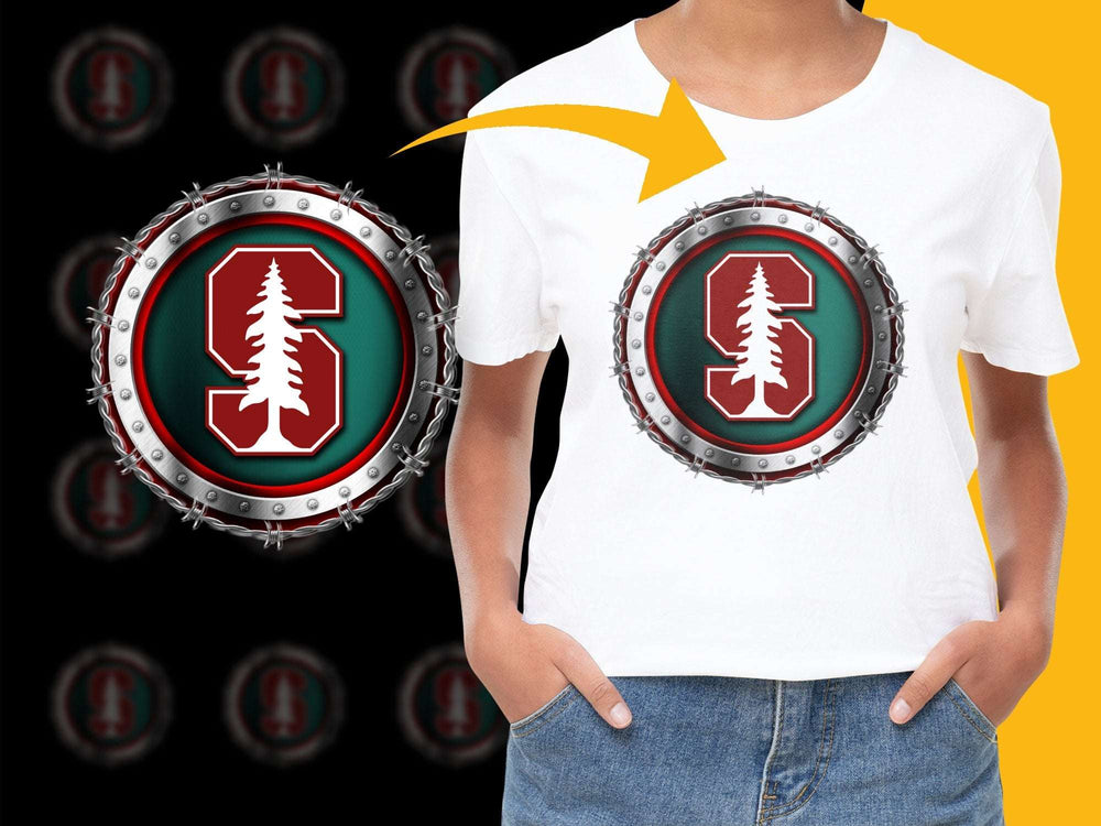 Trendy White T-shirt with Red Tree Emblem, Circular Metal Frame Design, Fashionable Unisex Tee