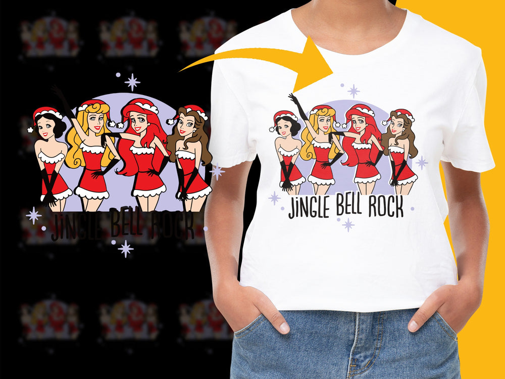 Women's Festive Christmas T-Shirt, Jingle Bell Rock Graphic Tee, Holiday Party Outfit, Santa Hat Design