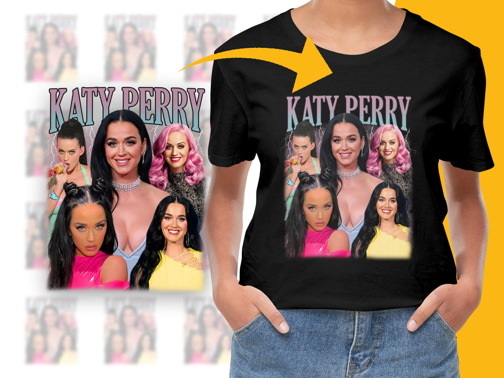 Katy Perry Fan T-Shirt, Pop Music Icon Collage, Colorful Celebrity Tee, Gift for Music Lovers