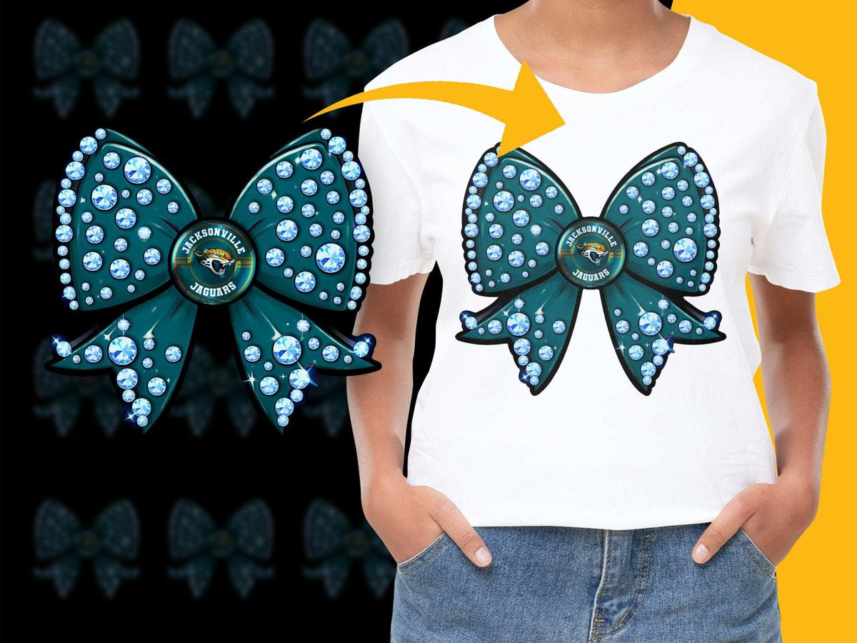 Women's White T-Shirt with Green Bow Embellished with Crystals Design, Casual Fashion Wear