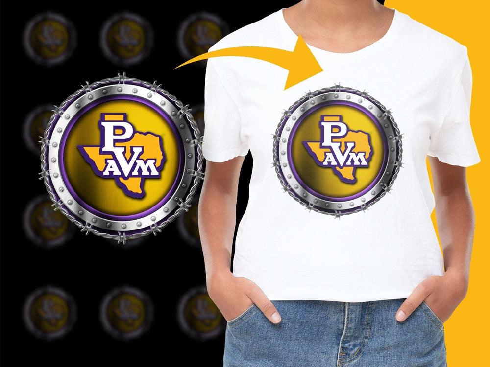 Trendy Purple and Yellow Logo Graphic T-Shirt, Unisex Casual Wear, Fashionable Street Style Tee