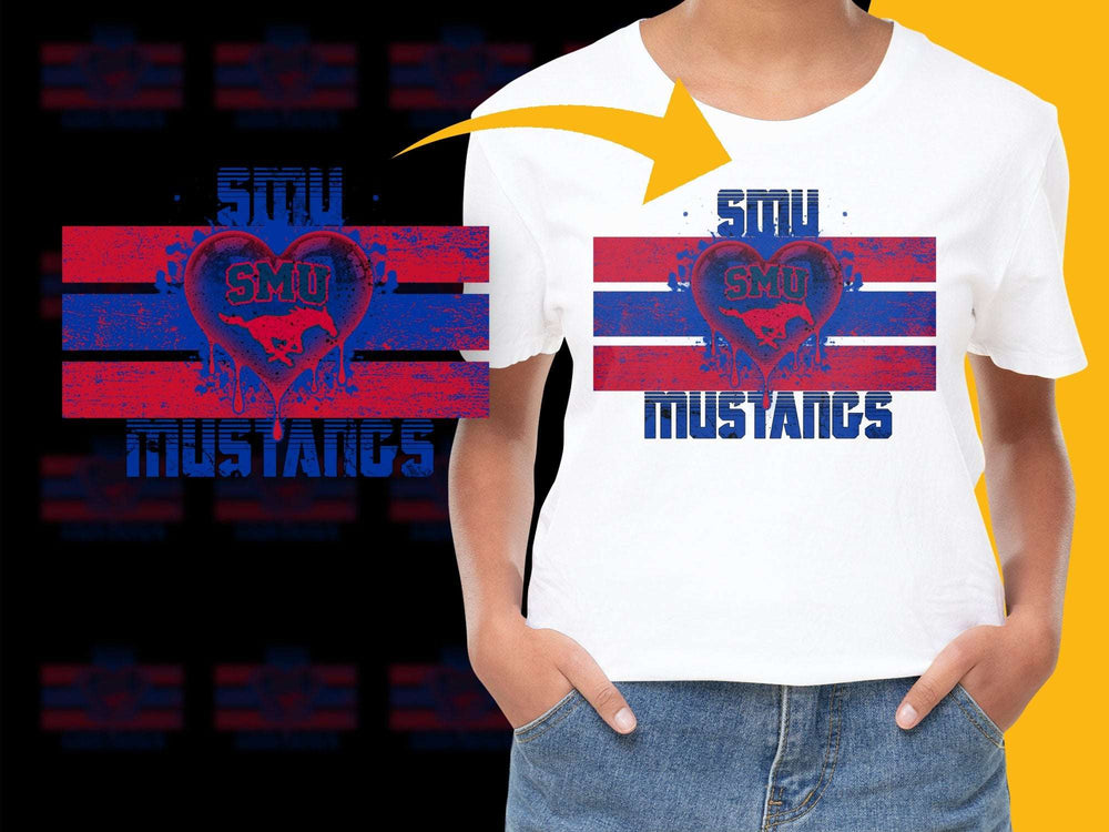 SMU Mustangs Heart Design T-Shirt, Distressed Look, College Spirit Wear, Fan Apparel, Trendy Graphic Tee for Game Day