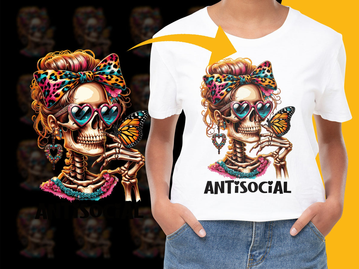 Women's Antisocial Skull Graphic T-Shirt, Leopard Print Bow, Heart Sunglasses, Butterfly Detail