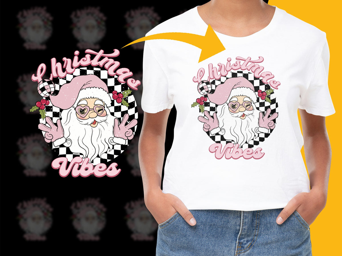 Trendy Christmas Vibes Santa T-Shirt, Checkered Holiday Graphic Tee, Festive Pink and Black Design, Unisex Casual Wear