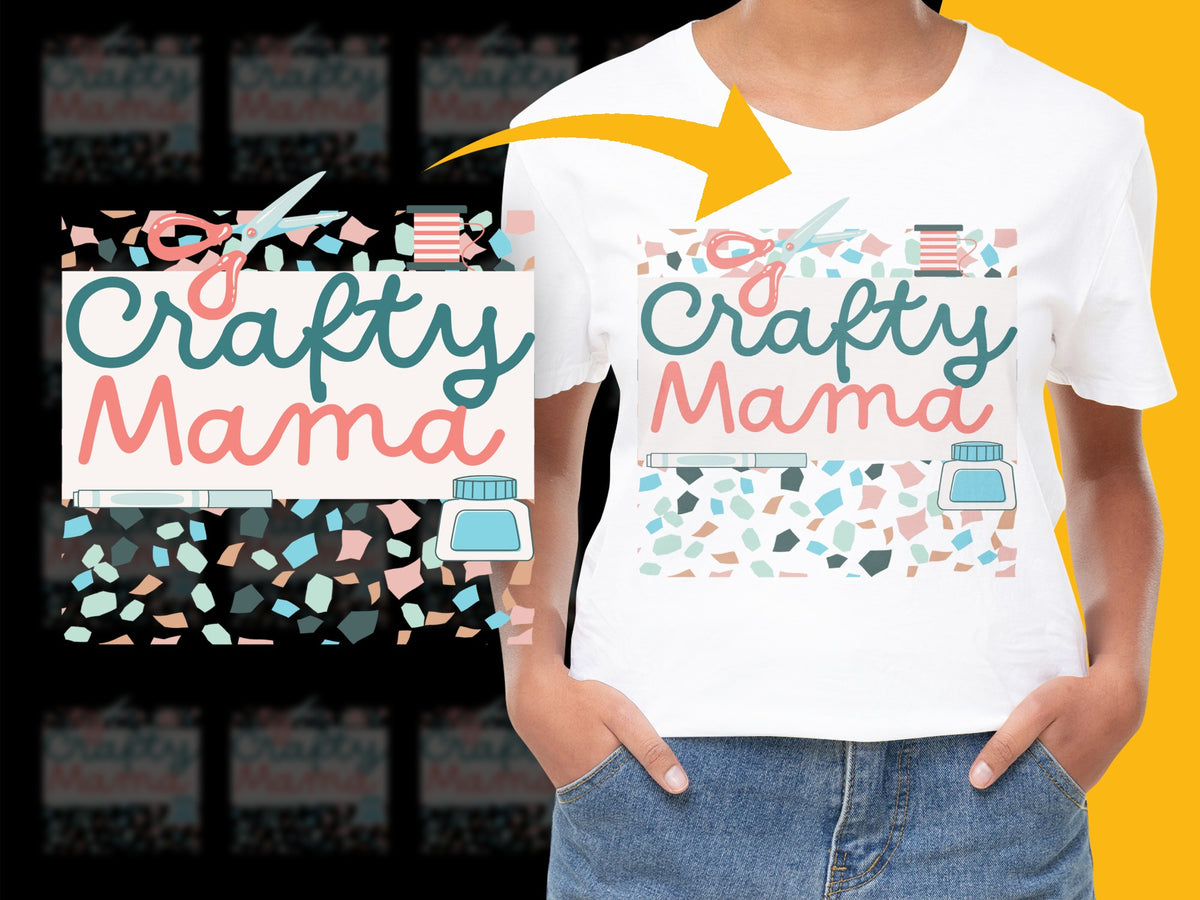 Crafty Mama T-Shirt, Colorful Artistic Typography, Creative Mom Tee, Gift for Crafters, Terrazzo Design Background