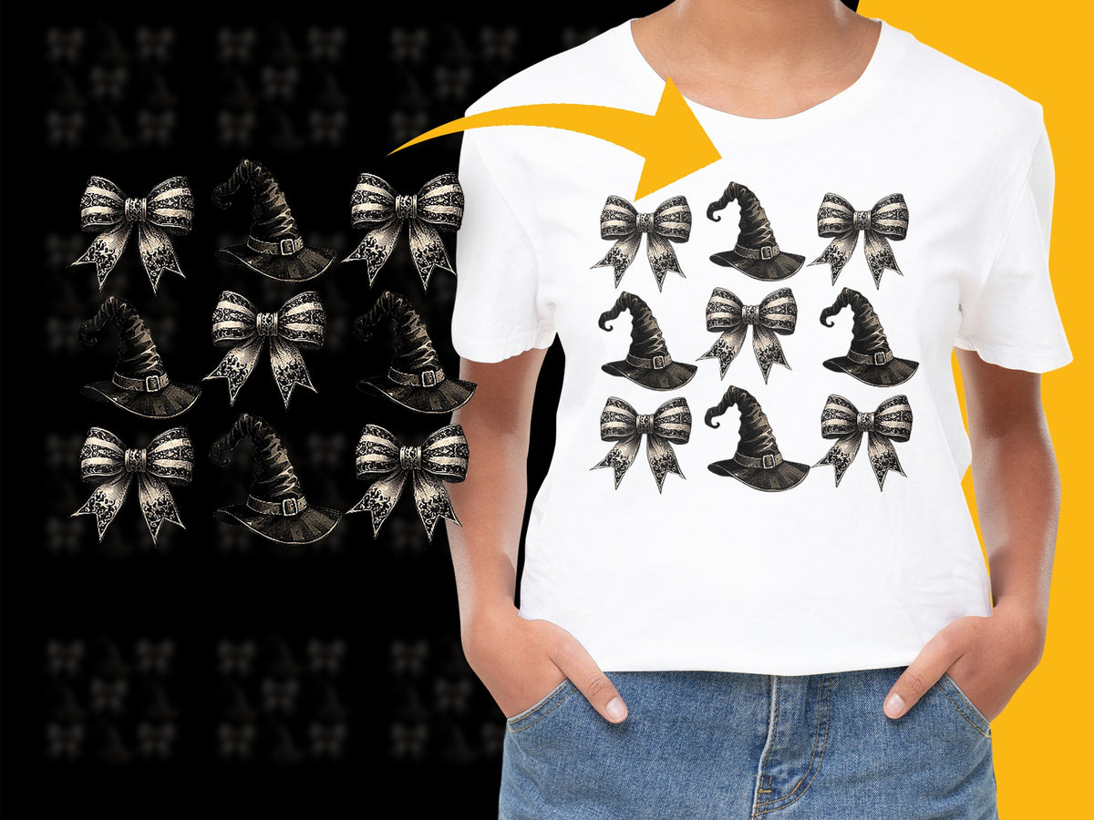 White T-Shirt with Black and Gold Bow Prints, Fashionable All-Season Casual Tee for Women and Men