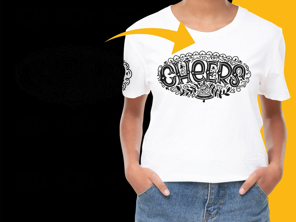 Cheers Graphic T-Shirt, White Tee with Black Art Design, Unisex Casual Shirt for All Ages, Trendy Typography Top