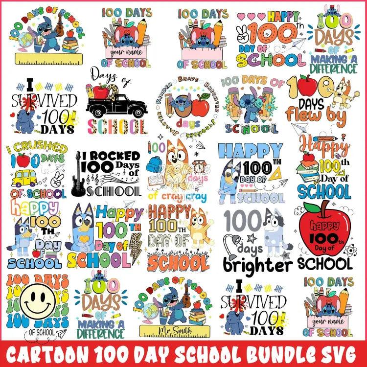 25 Cartoon 100 Day School Designs Bundle Png