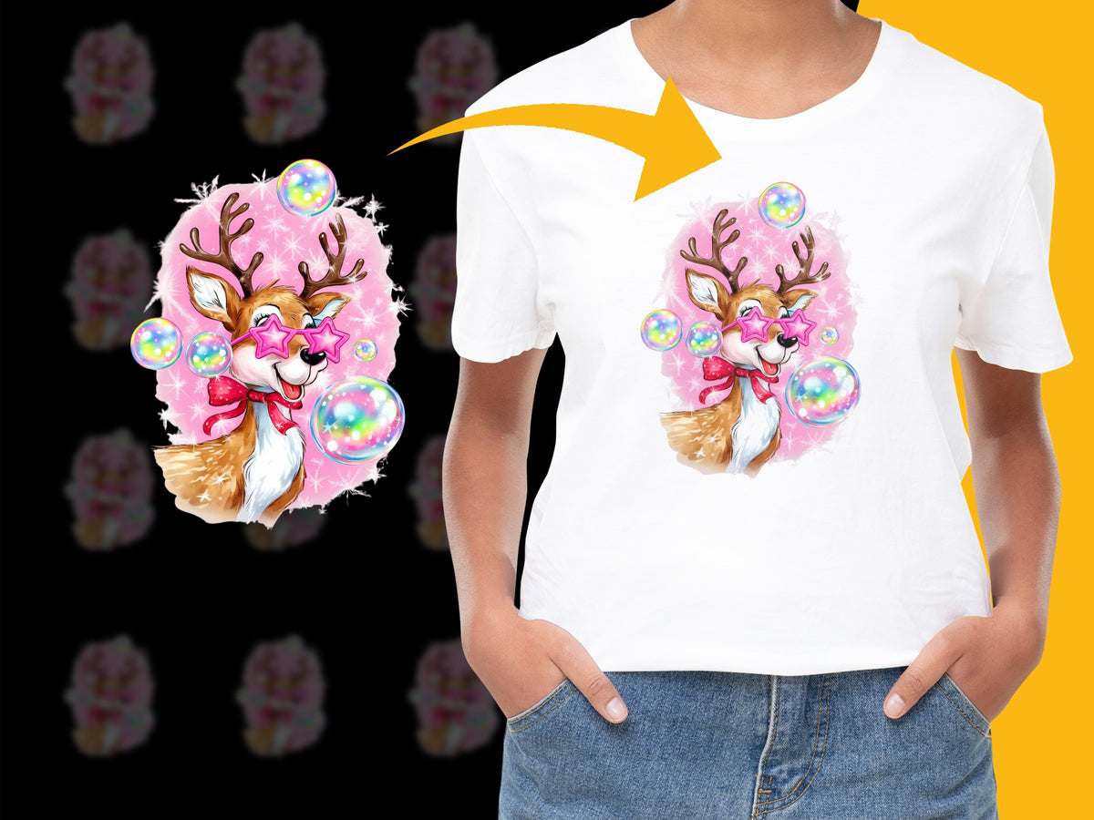 Cute Reindeer T-shirt Kids Christmas Tee Bubble Graphic Print Festive Holiday Apparel Unisex Child Top Gift Idea