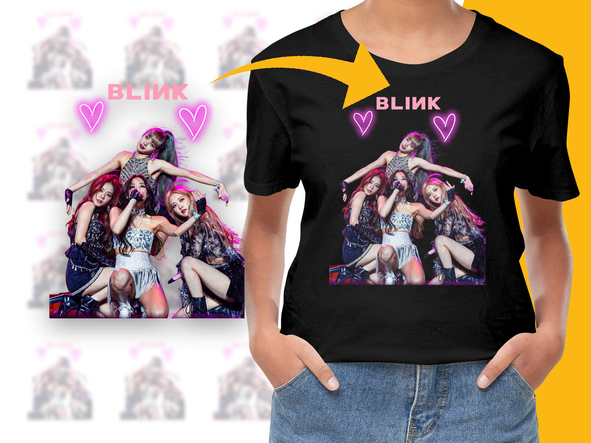 K-Pop Girl Group Graphic Tee, Colorful Pop Music Fan T-Shirt, Fashionable Casual Streetwear, Vibrant Photo Print Top