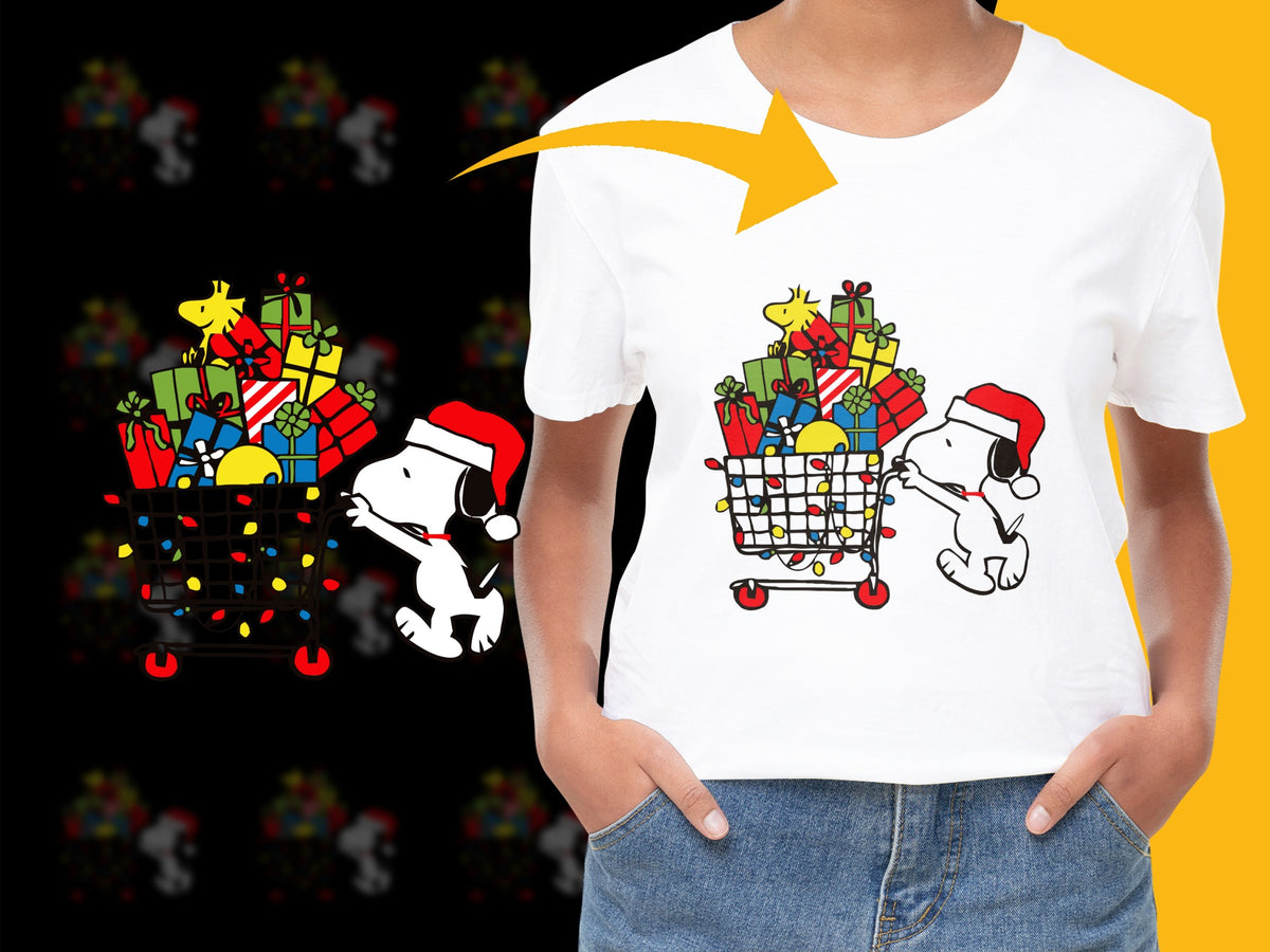 Kids Christmas T-Shirt, Snoopy Shopping Cart, Holiday Gifts Graphic Tee, Festive Clothing for Children