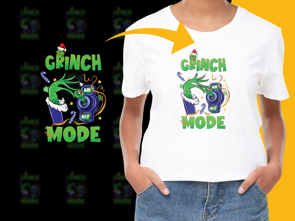 Grinch Mode Funny Christmas T-Shirt, Holiday Graphic Tee, Festive Green and White Unisex Shirt for All Ages