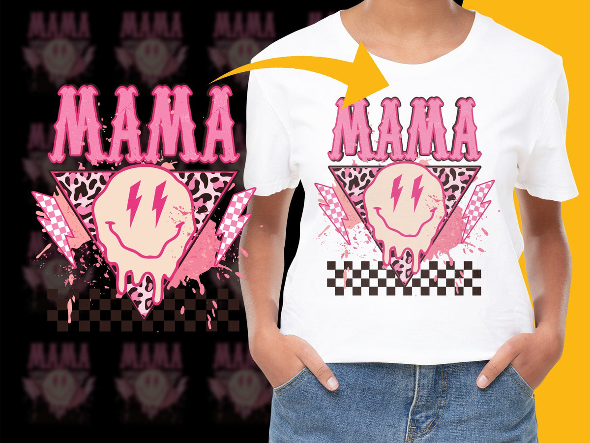 Bold Mama Skull Graphic T-Shirt, Pink Lightning, Checkered Pattern, Trendy Punk Style Top for Moms