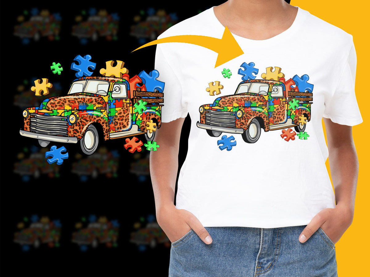 Colorful Puzzle Print T-Shirt, Vintage Truck Graphic Tee, Autism Awareness, Unisex Kids Fashion