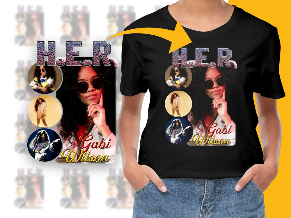 Women's Black T-Shirt with H.E.R. Gabi Wilson Graphic Design, Stylish Music Fan Apparel