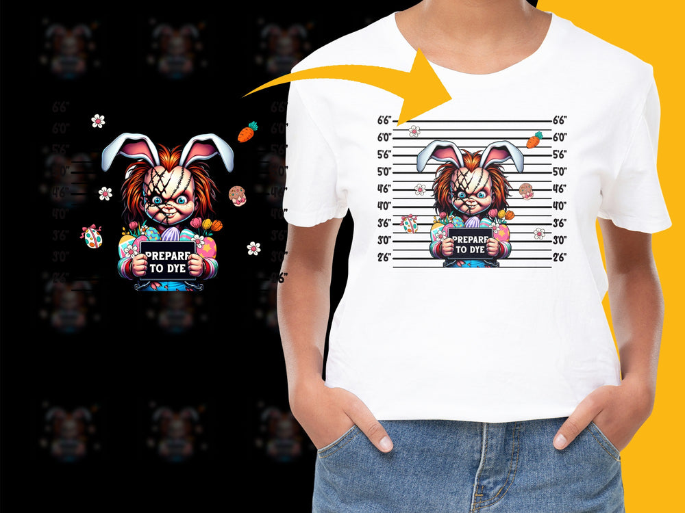 Women's White T-Shirt with Rabbit Graphic, Prepare to Dye, Easter Theme, Colorful Design, Casual Wear