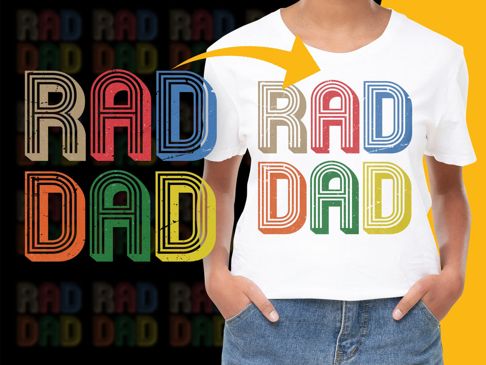 Colorful Rad Dad Slogan T-Shirt, Retro Graphic Tee, Father's Day Gift, Bold Vintage Style Top, Unisex Fashion