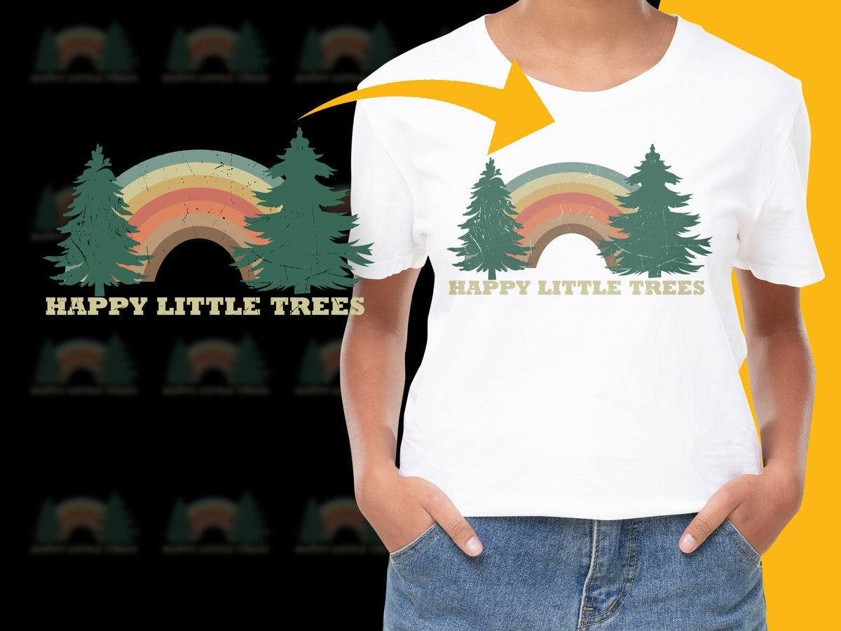 Happy Little Trees Rainbow Graphic T-Shirt, Nature Lover Tee, Forest and Sun Casual Top, Unisex Graphic Shirt