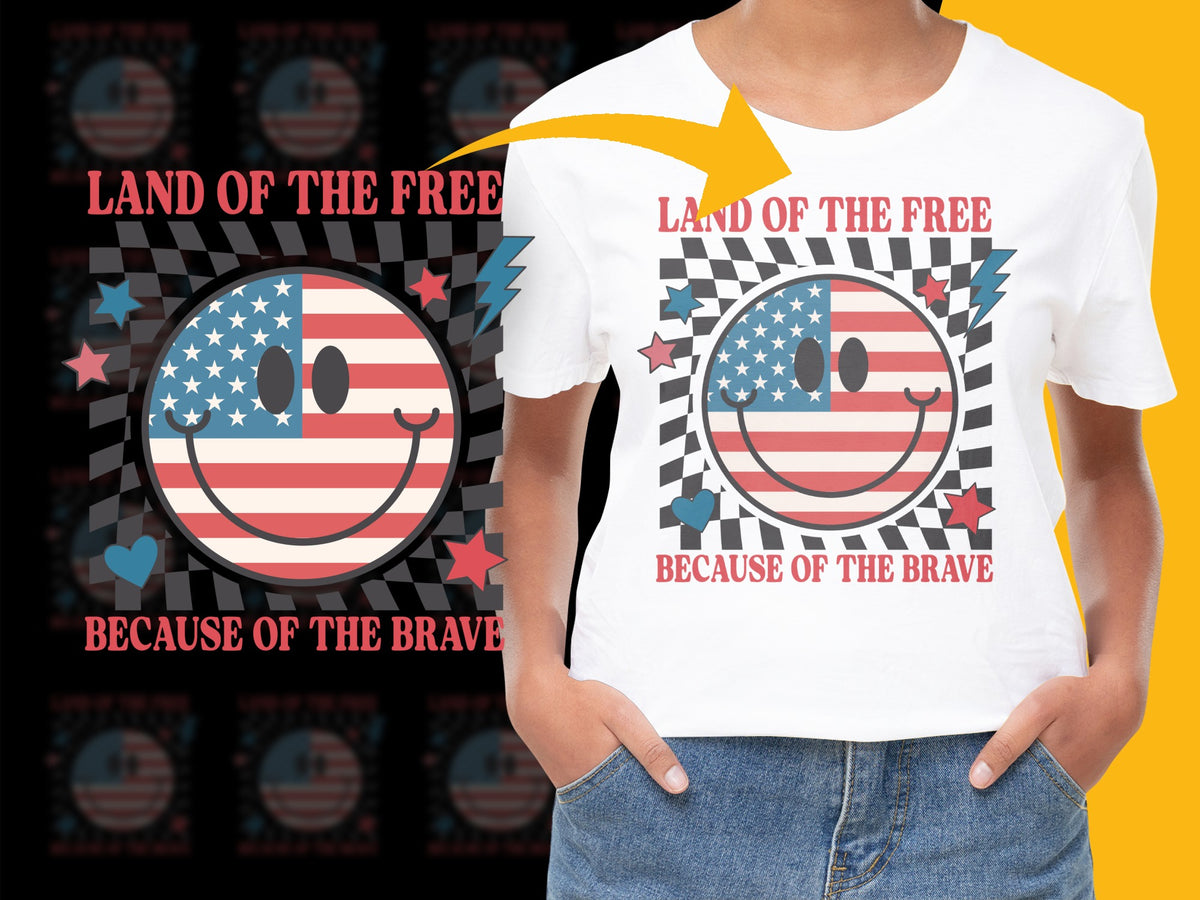 Patriotic Smile Face T-Shirt, Land of the Free, American Flag, Kids' Fourth of July Tee