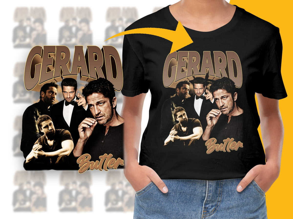 Gerard Butler Graphic T-Shirt, Celebrity Photo Collage, Unisex Fashion Tee, Black Cotton Shirt, Movie Star Style Top