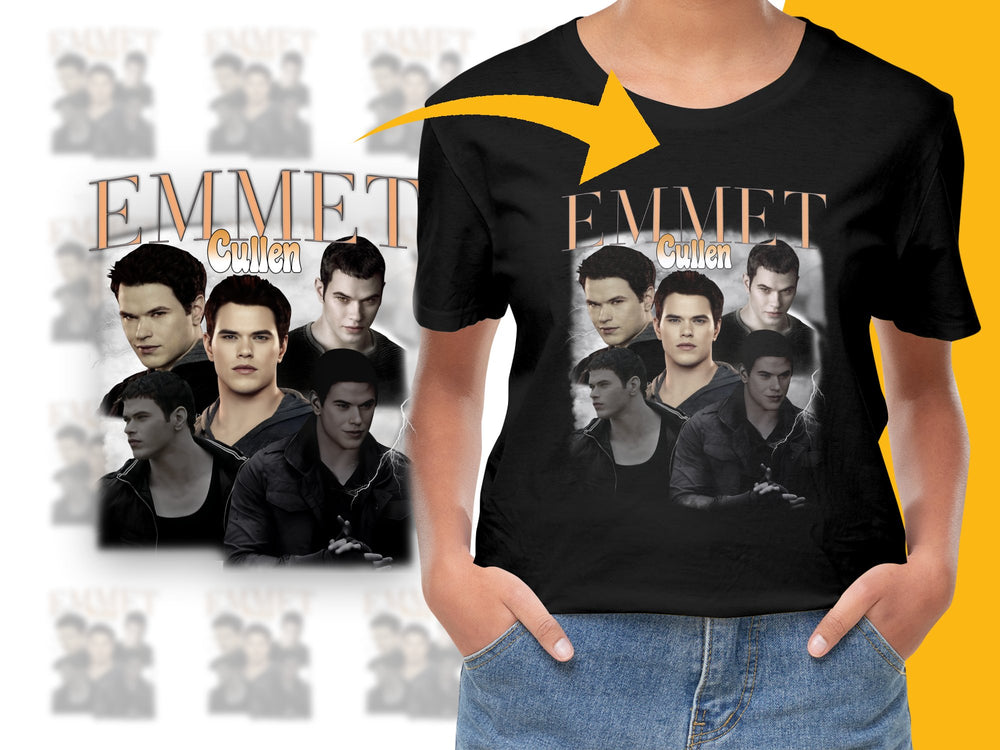 Emmett Cullen Graphic T-Shirt, Twilight Saga Fan Merch, Unisex Black Tee, Movie Character Apparel