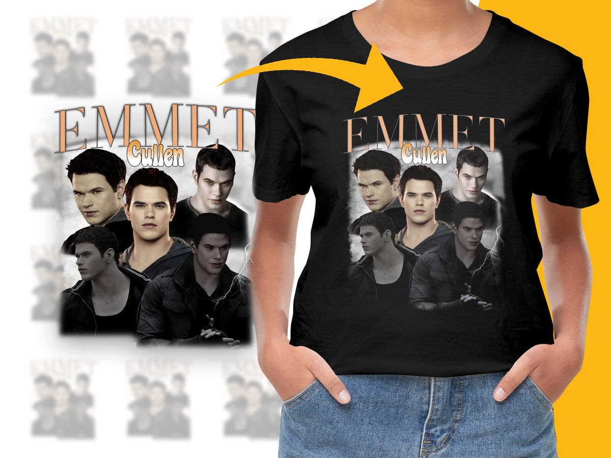 Emmett Cullen Graphic T-Shirt, Twilight Saga Fan Merch, Unisex Black Tee, Movie Character Apparel