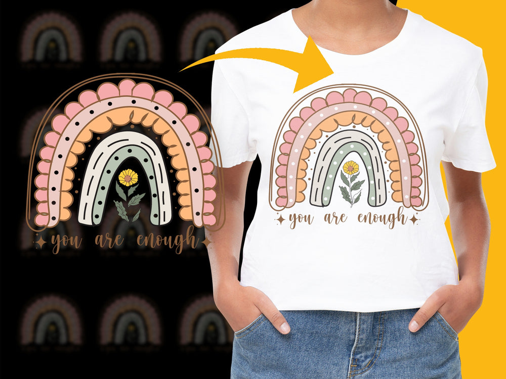 Inspirational Rainbow T-Shirt, 'You Are Enough' Quote, Positive Affirmation, Floral Graphic Tee, Modern Self Care Shirt