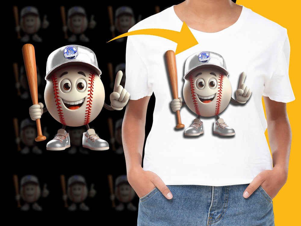 Kids Baseball T-Shirt, Cute Cartoon Baseball Character, Sports Theme Graphic Tee, Boys and Girls Casual Wear