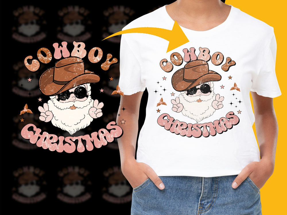 Cowboy Christmas T-Shirt Kids Western Holiday Tee Festive Winter Apparel Cartoon Style Graphic Shirt for Boys and Girls