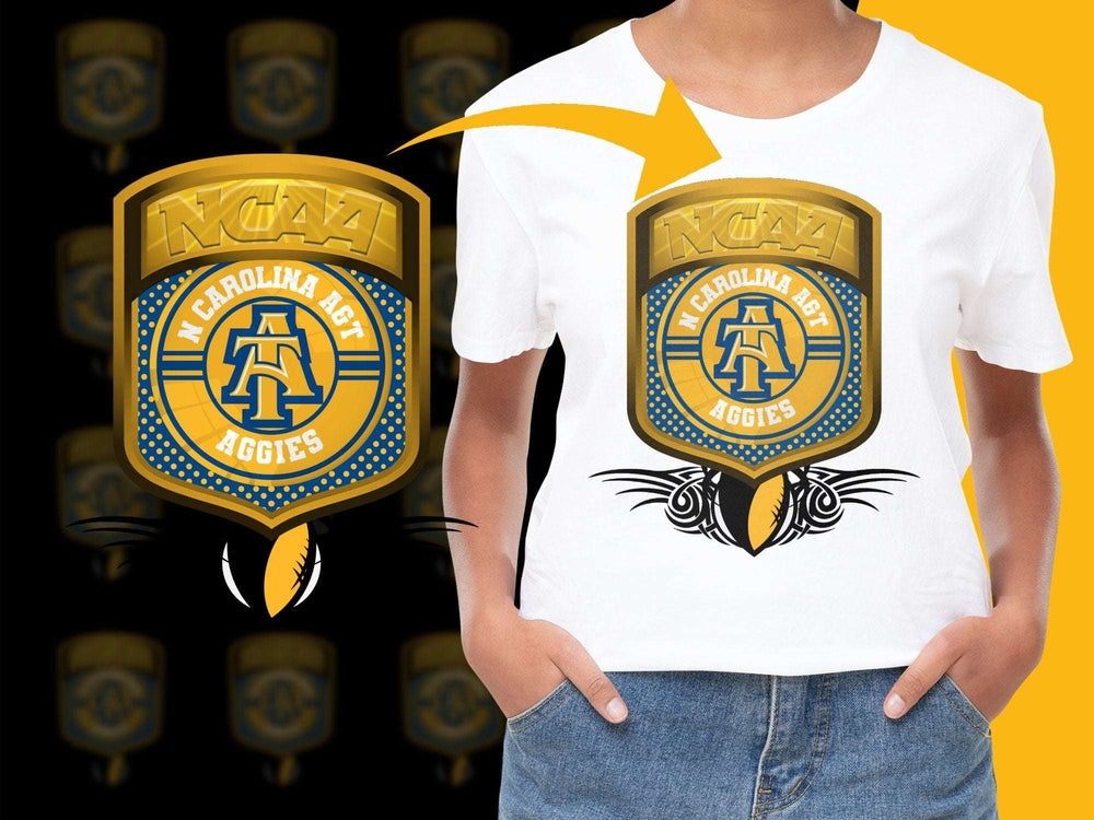 North Carolina AandT Aggies NCAA Logo Graphic T-Shirt, Unisex Yellow Blue Sports Tee