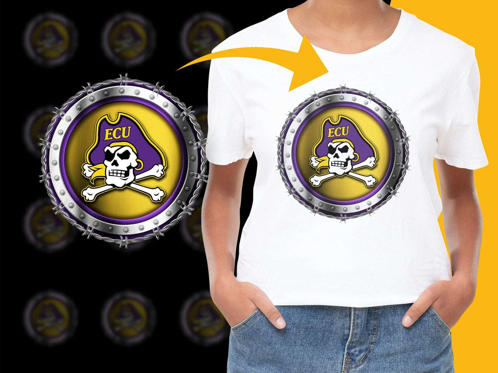 ECU Pirates Skull Logo T-Shirt, Yellow and Purple Graphic Tee, College Fan Apparel, Unisex Casual Wear