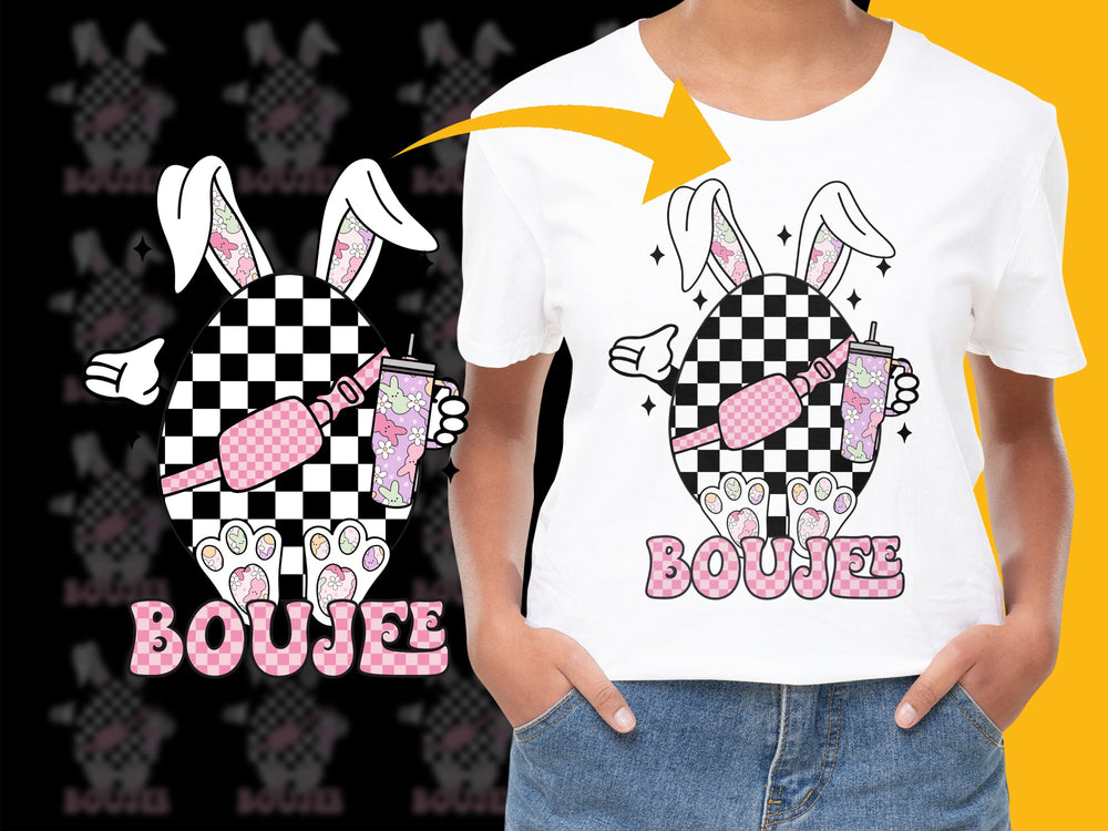 Women's Graphic Tee, Cute Rabbit Print, Stylish Checkerboard Design, Casual Streetwear Shirt